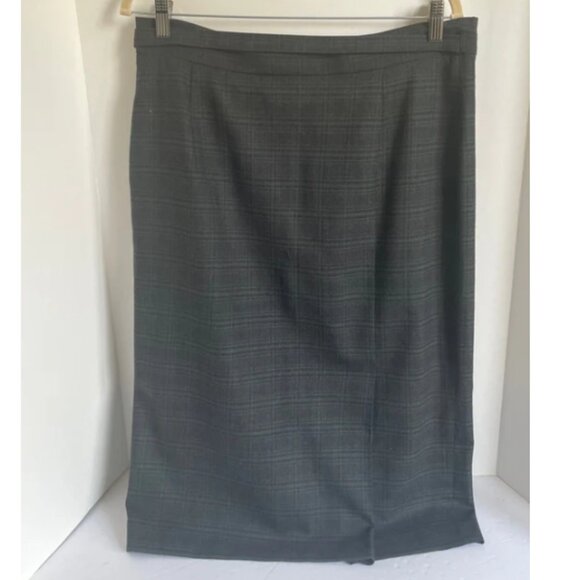 Max Mara Midi Skirt Large Green Plaid Wool Blend Straight Belted Lined Large - Picture 6 of 10